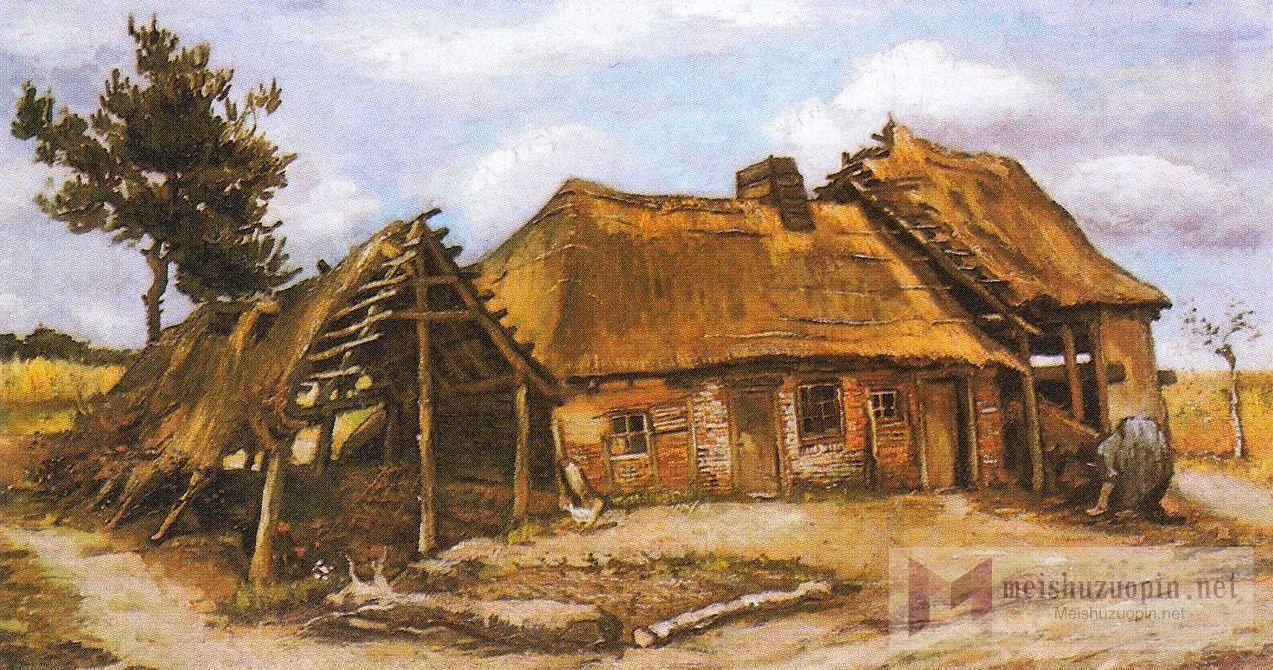 场景人物油画_农舍中弯着腰的蓝衣农妇_farmhouse with a stooping