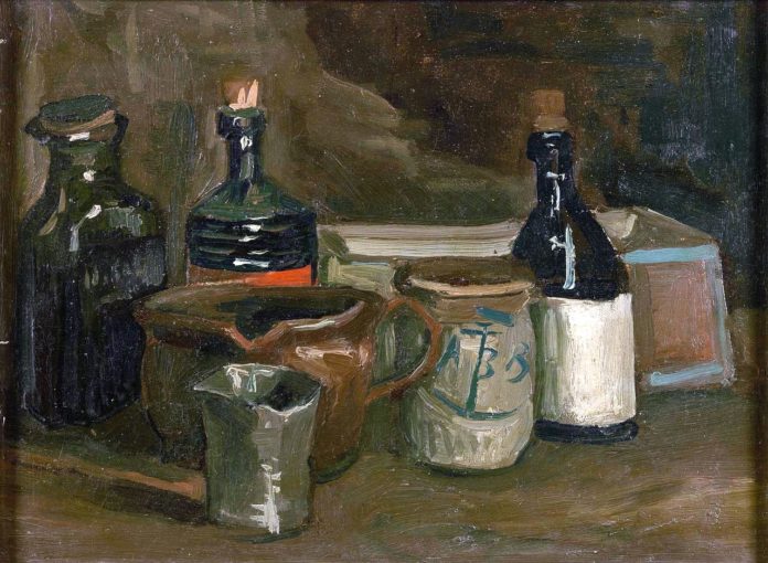 油画静物_有瓶子和陶器的静物_still life with bottles and