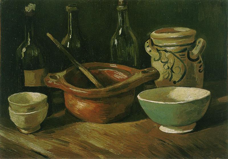 有陶器和瓶子的静物画_still life with eathenware and bottles