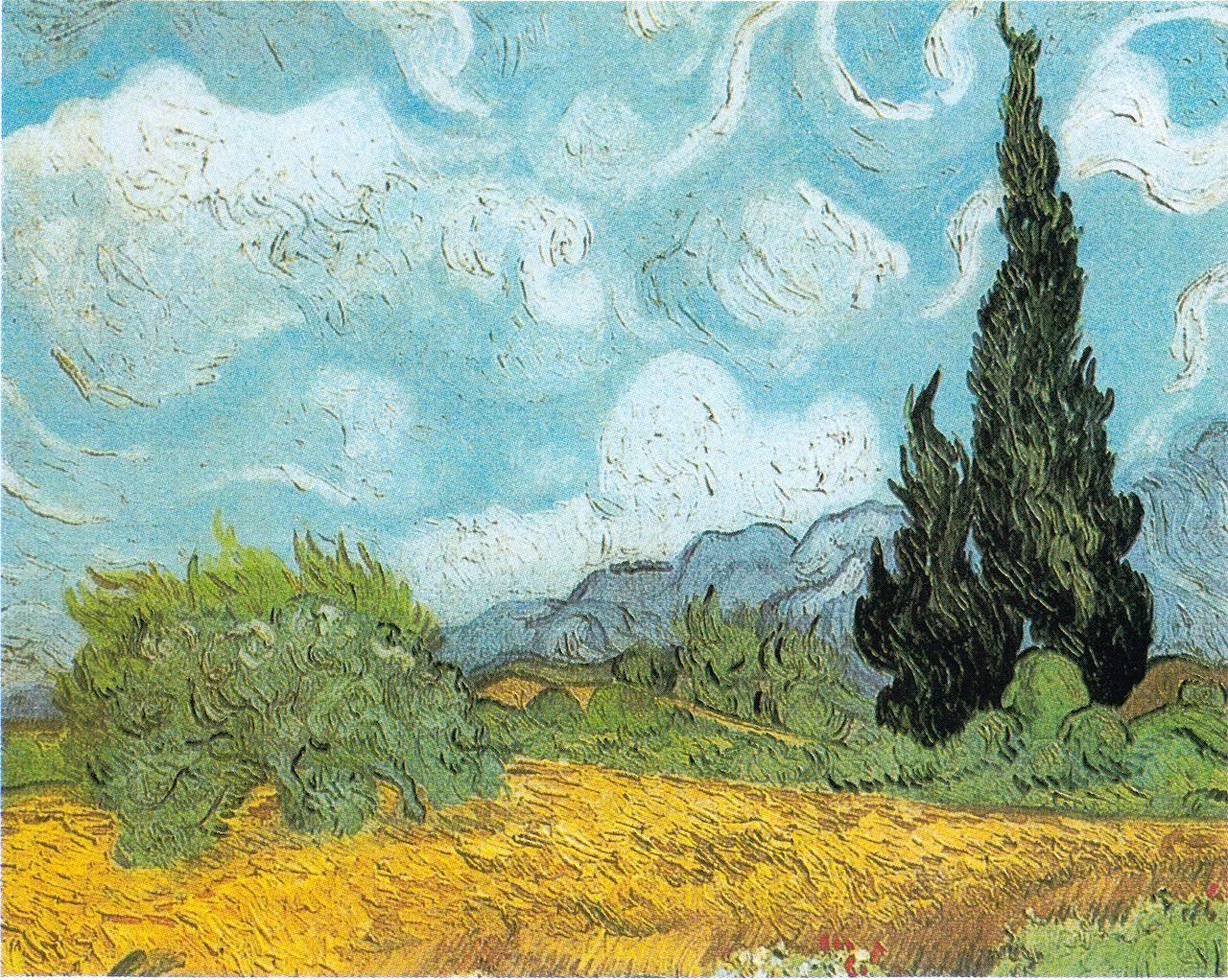 风景油画_麦田与柏树_wheat field with cypresses-文森特·梵高