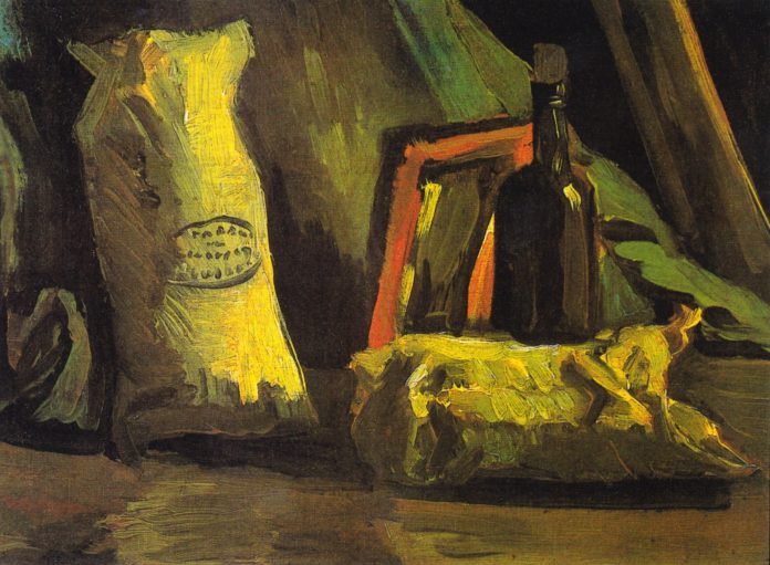 油画静物_有两个袋子和瓶子的静物画_still life with two bags and