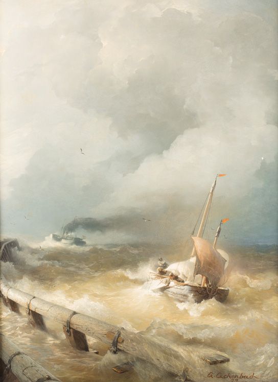 风浪中的荷兰轮船和渔船_dutch steamship and fishing boat on a