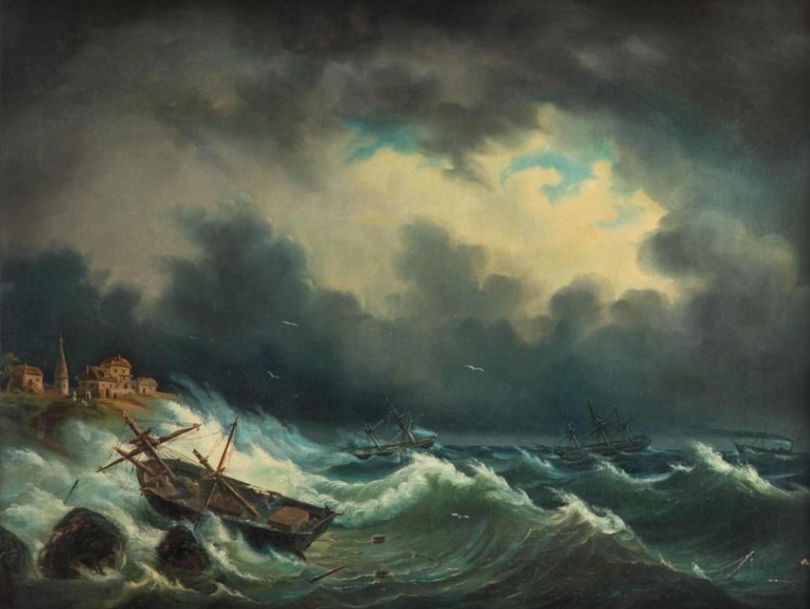 帆船在暴风雨的海上航行_sailboats at stormy sea(also known as