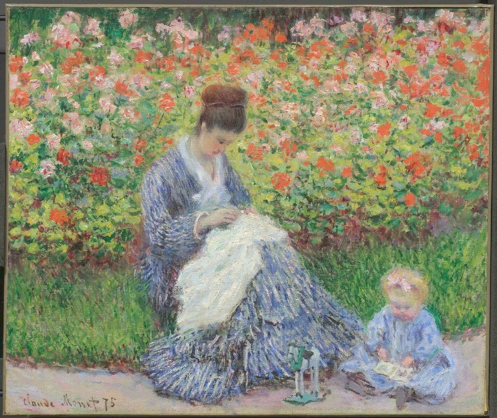 卡米尔·莫奈和一个孩子在阿让特伊的艺术家花园里_camille monet and