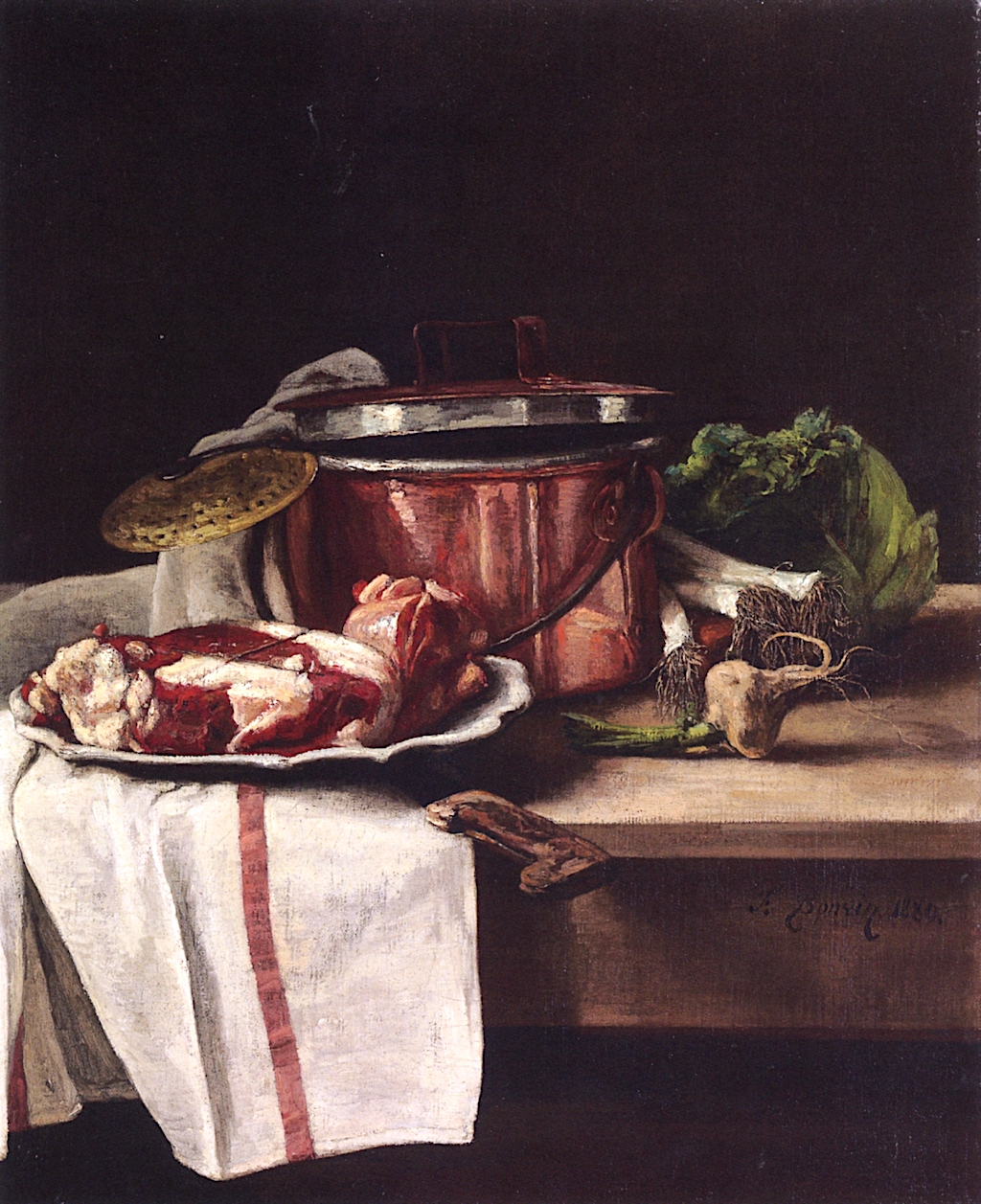 韭菜,大蒜和牛肉放在一个铜锅里_still life with cabbage, leeks